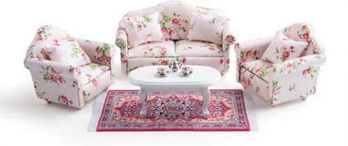 Minamzee 112 Dollhouse Couch Furniture Set 16Pcs Wooden Miniature Sofa Set Dollhouse White Fabric Printed Double Single Sofa with Pillow and Living Room Accessories - Image 5