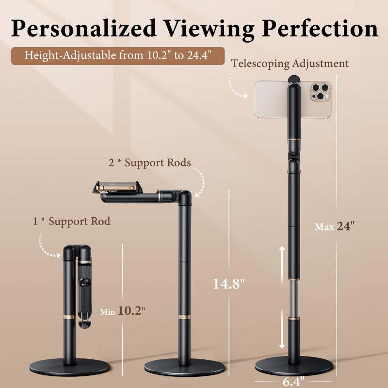 WISFISSH Height/Angle Adjustable Phone Holder, 10"-25" Retractable Tall Phone Stand for Desk,720Â°Rotatable+180flip Phone Holder Stand for Video Calls Kitchen Table Office Etc -Clip Type - Image 3