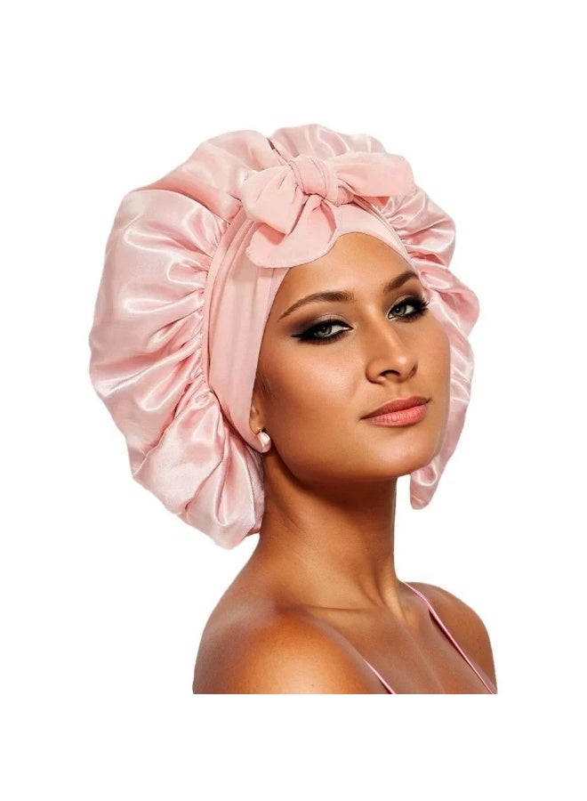 1 Set Hair Bonnet Wide Band - Silk Like Sleeping Bonnets for Curly Hair Night Cap with Tie Band for Women and Girls (Coral Pink)