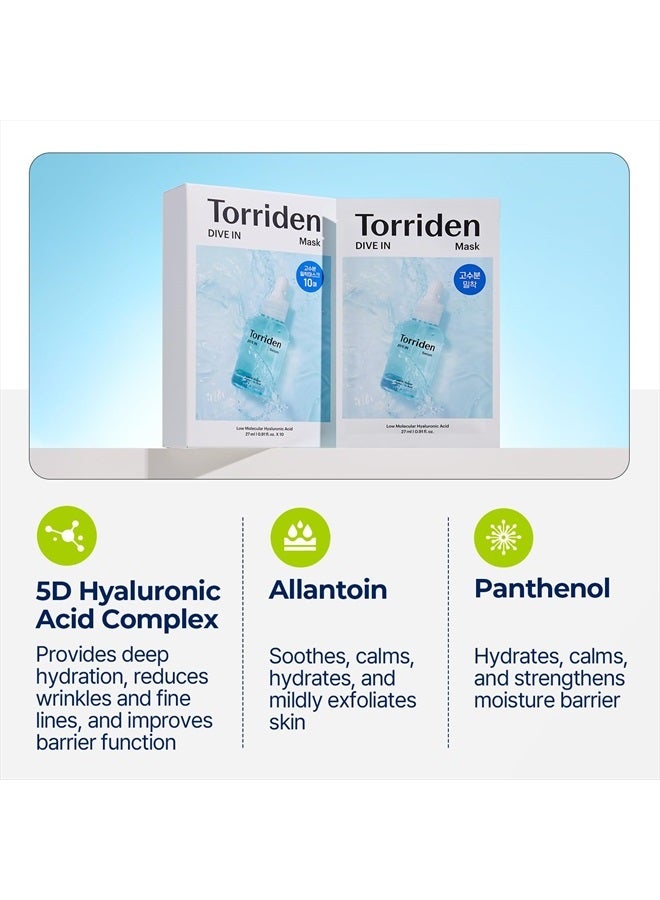 DIVE-IN Hyaluronic Acid Facial Sheet Masks (10 Count), Moisturizing Sheet Mask for Sensitive, Dry Skin | Fragrance-Free Alcohol-Free No Colorants | Vegan, Cruelty-Free Korean Skin Care