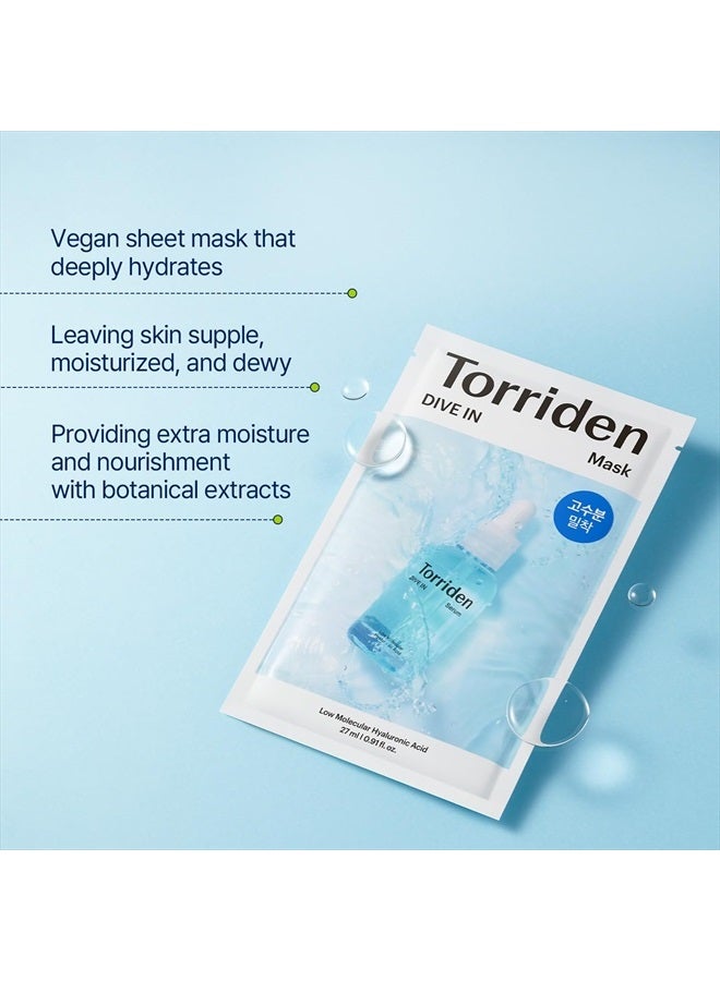 DIVE-IN Hyaluronic Acid Facial Sheet Masks (10 Count), Moisturizing Sheet Mask for Sensitive, Dry Skin | Fragrance-Free Alcohol-Free No Colorants | Vegan, Cruelty-Free Korean Skin Care