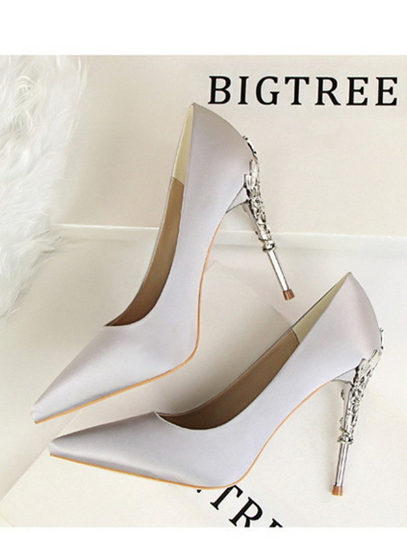 بيج تري Women's Elegant Stiletto Pumps With 10 CM Personalized Metal Heel Elegant Gorgeous Closed Pointed Toe Slip On Solid High Heels Grey - Image 4