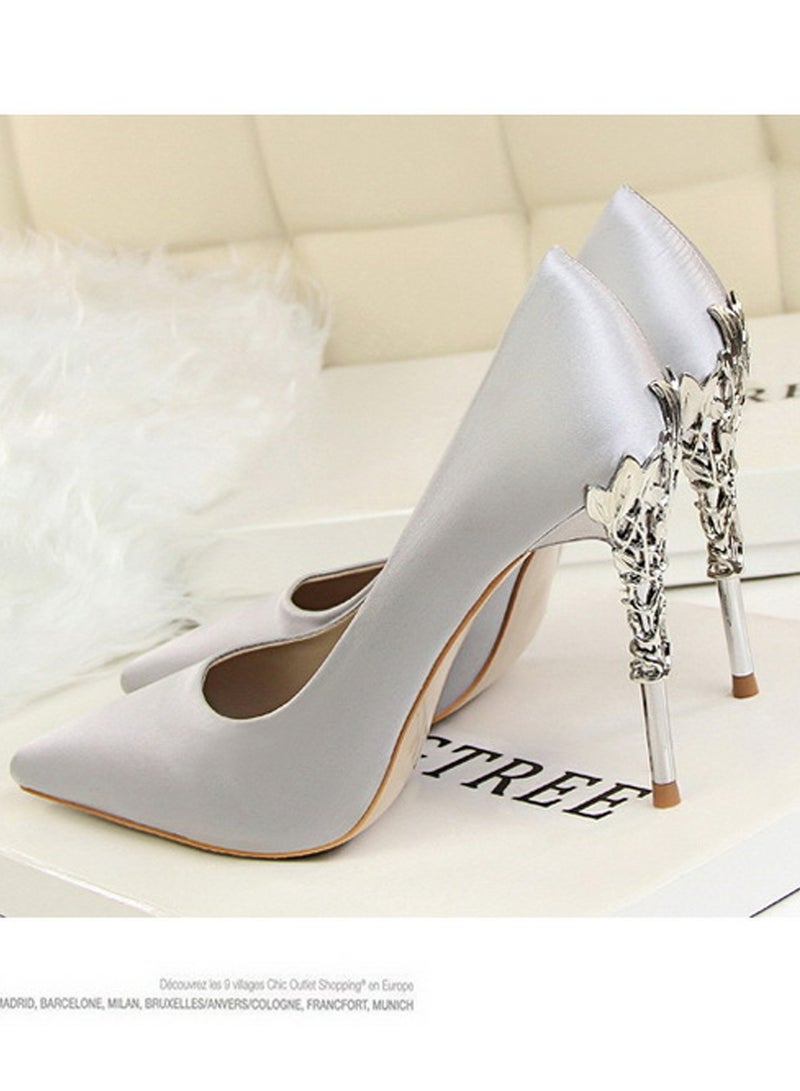 بيج تري Women's Elegant Stiletto Pumps With 10 CM Personalized Metal Heel Elegant Gorgeous Closed Pointed Toe Slip On Solid High Heels Grey - Image 2