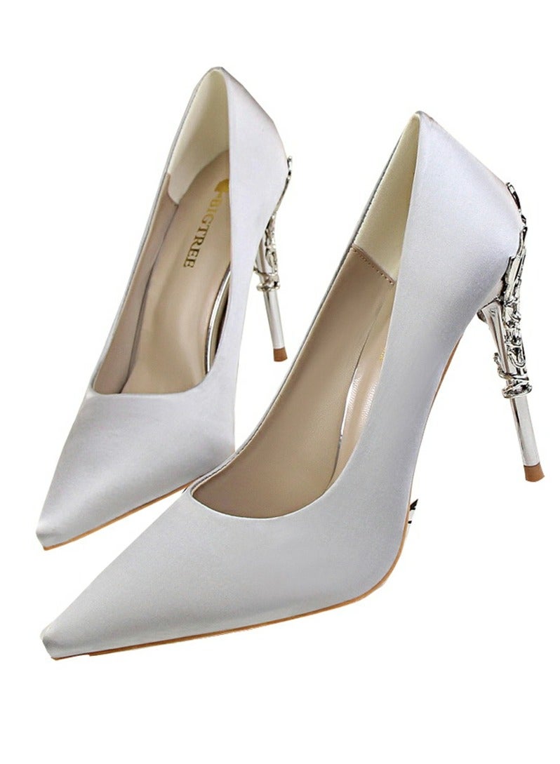 بيج تري Women's Elegant Stiletto Pumps With 10 CM Personalized Metal Heel Elegant Gorgeous Closed Pointed Toe Slip On Solid High Heels Grey - Image 1