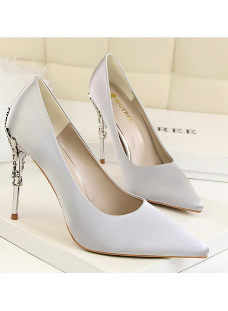 بيج تري Women's Elegant Stiletto Pumps With 10 CM Personalized Metal Heel Elegant Gorgeous Closed Pointed Toe Slip On Solid High Heels Grey - Image 3