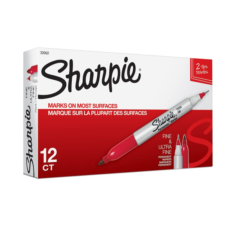 Sharpie Twin Tip Permanent Markers, Fine and Ultra Fine, Red, 12 Count - Image 1