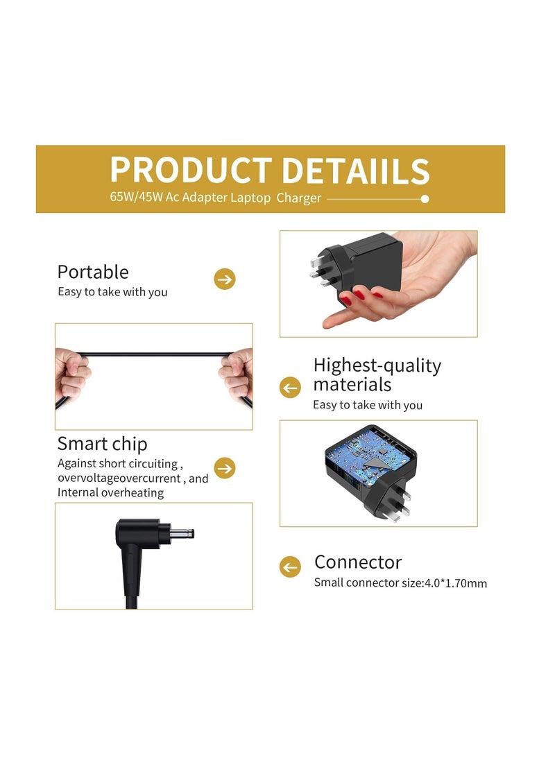 أنمي شاحن لابتوب بديل 20 فولت و3.25A و65/45 واط للينوفو ايديا باد 320 310 320S 330 330s 100 110 110S 120S 330S-15IKB وسلسلة يوجا 520 و530 وايديا باد فليكس 3 و4 و5 و6، محول ومزود طاقة ADL45WCD)4.0×1.7 ملم) - Image 2