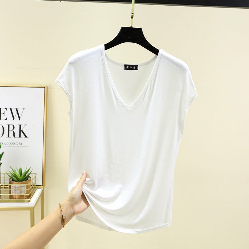 Modal V-Neck Sleeveless T-Shirt Women's Summer Thin Half-Sleeve Loose plus size All-Match Base Shirt Outer Wear T-Shirt Top - Image 1