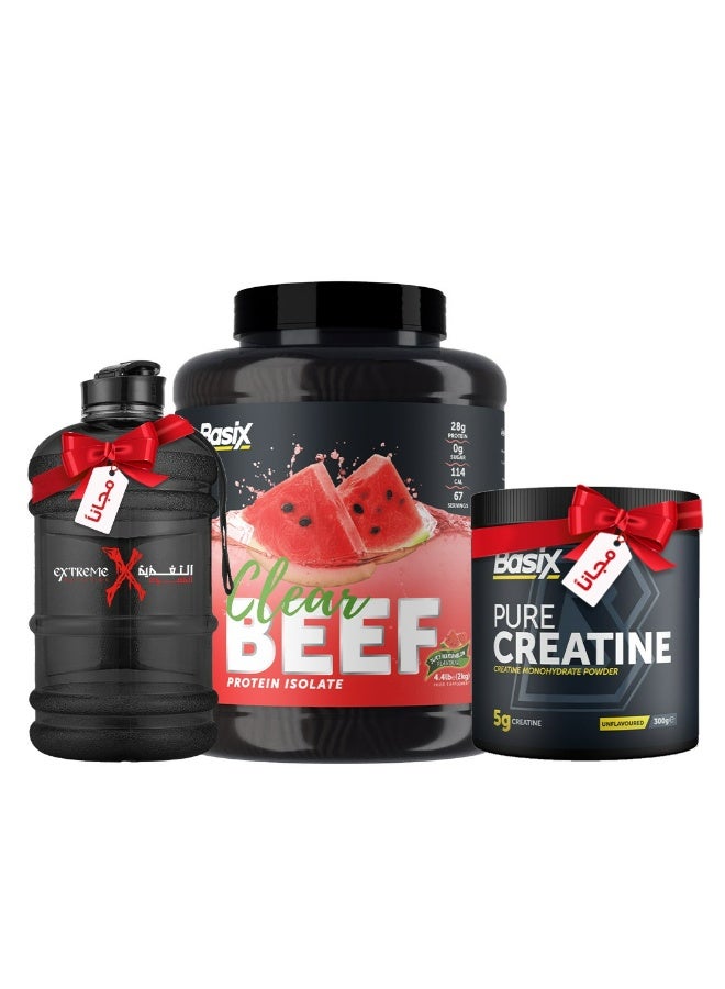 Basix Beef Protein Isolate Juicy Watermelon 4.4 LB + Free Basix Pure Creatine 300 Grams + Free Water Bottle - Image 1