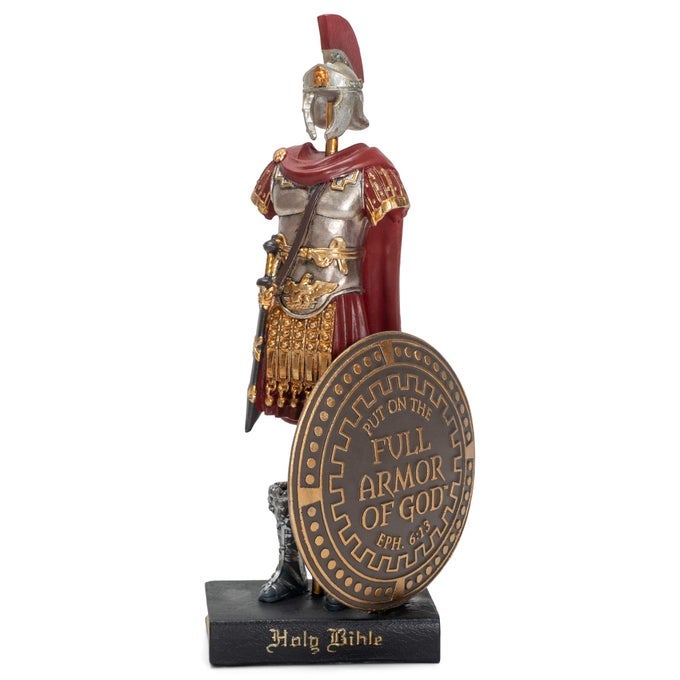 ARMOR OF GOD ROMAN SOLDIER 9 X 5 INCH RED RESINSTONE TABLETOP FIGURINE