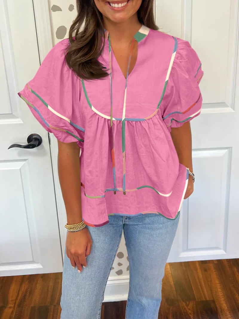 Cicy Bell Womens Summer Babydoll Tops V Neck Short Lantern Sleeve Shirts Cute Loose Fit Peplum Flowy Blouses Pink - Image 5