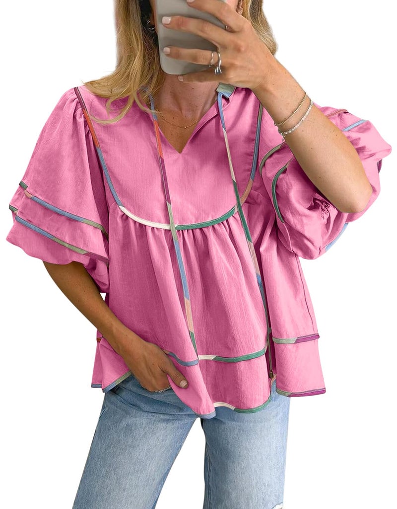 Cicy Bell Womens Summer Babydoll Tops V Neck Short Lantern Sleeve Shirts Cute Loose Fit Peplum Flowy Blouses Pink - Image 1