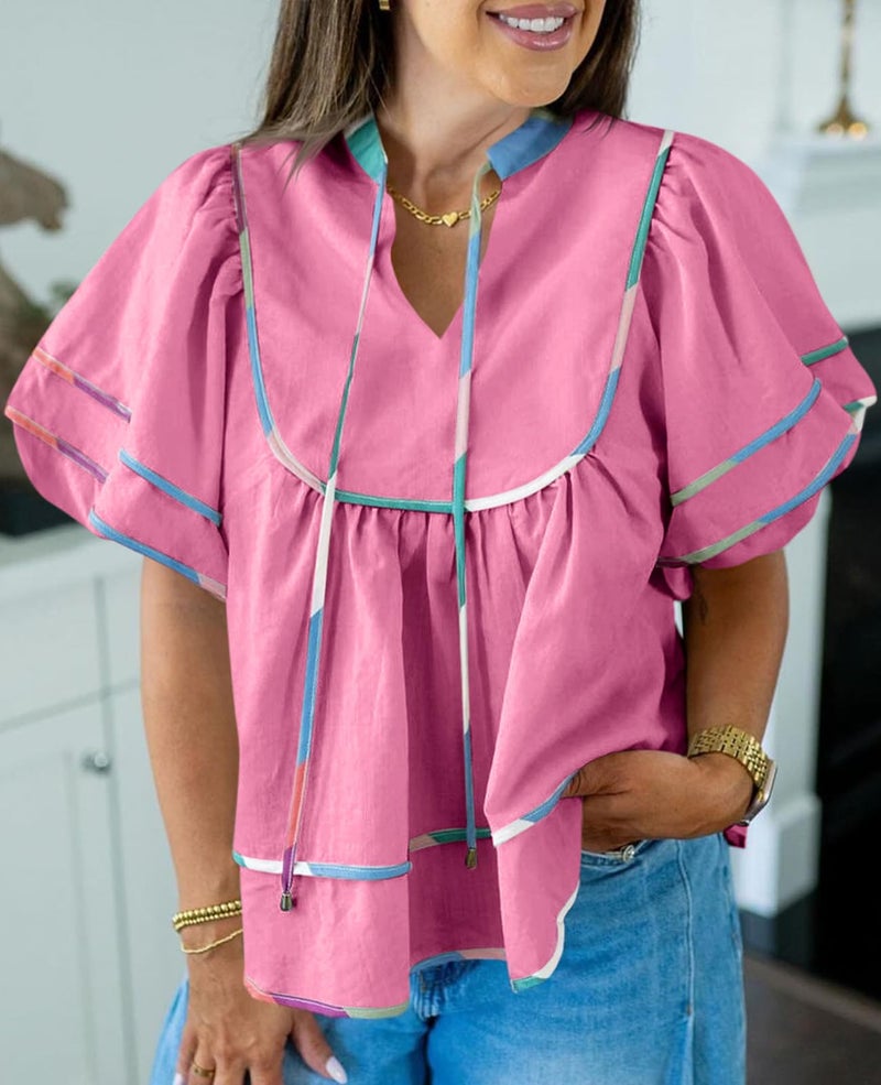 Cicy Bell Womens Summer Babydoll Tops V Neck Short Lantern Sleeve Shirts Cute Loose Fit Peplum Flowy Blouses Pink - Image 3