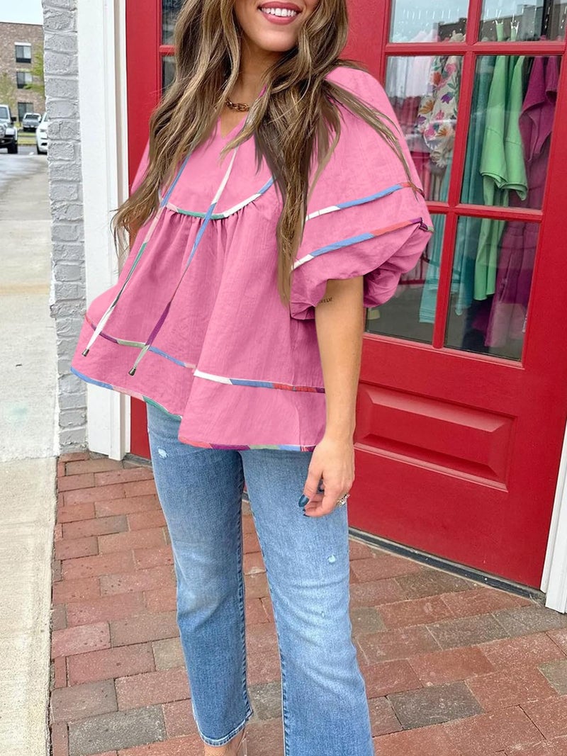 Cicy Bell Womens Summer Babydoll Tops V Neck Short Lantern Sleeve Shirts Cute Loose Fit Peplum Flowy Blouses Pink - Image 4