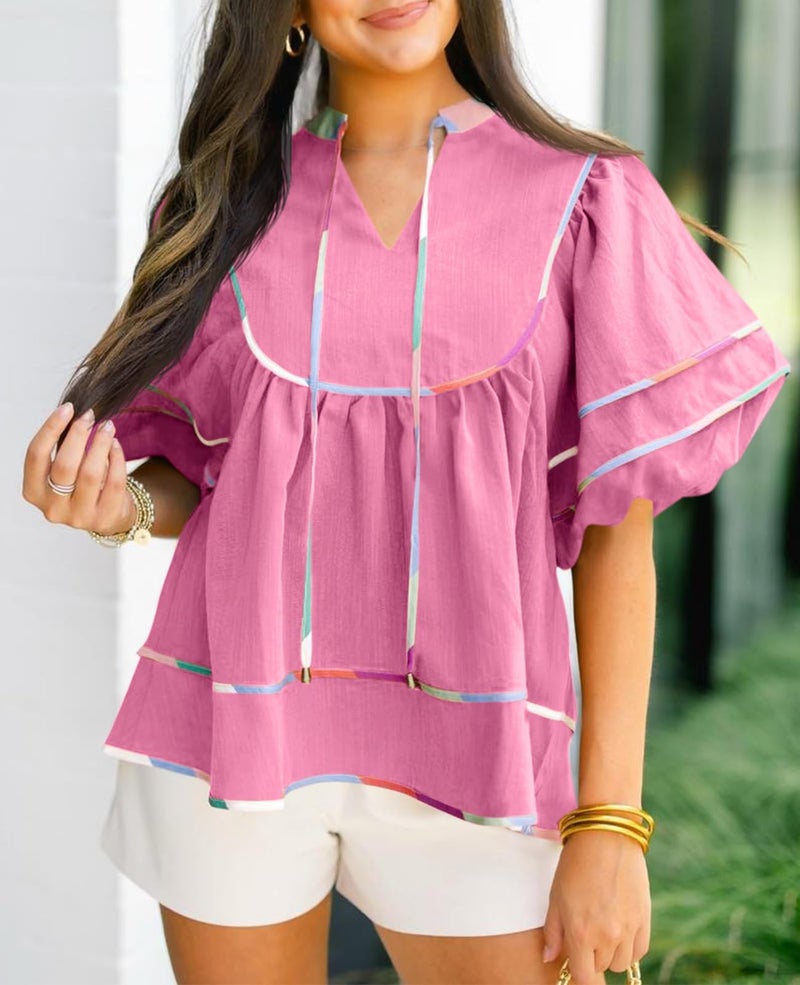 Cicy Bell Womens Summer Babydoll Tops V Neck Short Lantern Sleeve Shirts Cute Loose Fit Peplum Flowy Blouses Pink - Image 2
