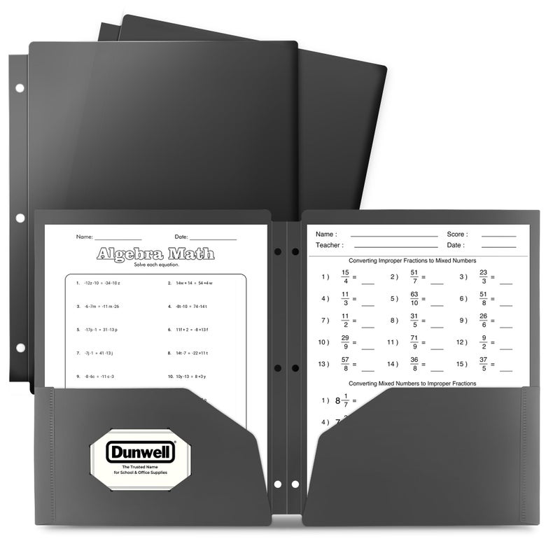 Dunwell Plastic 2-Pocket Folders for 3-Ring Binders, (3 Pack, Black) 3 Hole Punched, Divider Folder for Notebooks, Heavy Duty Poly, Fits 8.5x11 Sheets, Includes Labels - Image 1