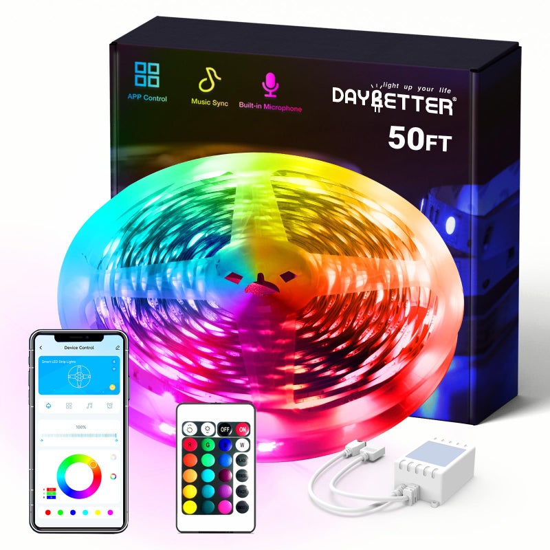 DAYBETTER Smart RGB Led Strip Lights 50ft Led Lights for Bedroom with App Control Multicolor Changing Led Light Strips Apply for Home Decor Living Room Kitchen Home Party Decoration
