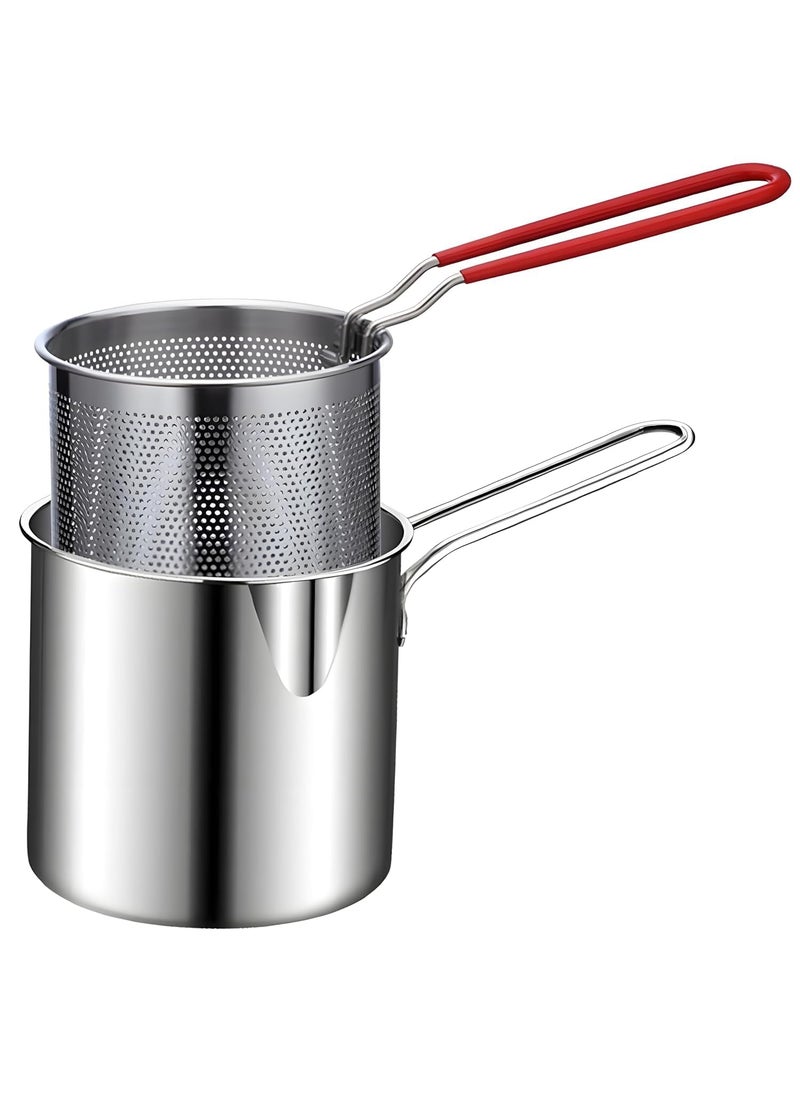 LEIAZ LEIAZ Deep Frying Pot with Strainer Basket 1200 Ml Stainless Steel Pan with Long Handle Mini Deep Oil Fryer for French FriesFishBoiling ButterGraviesPasta Deep Frying Pot  - Image 1