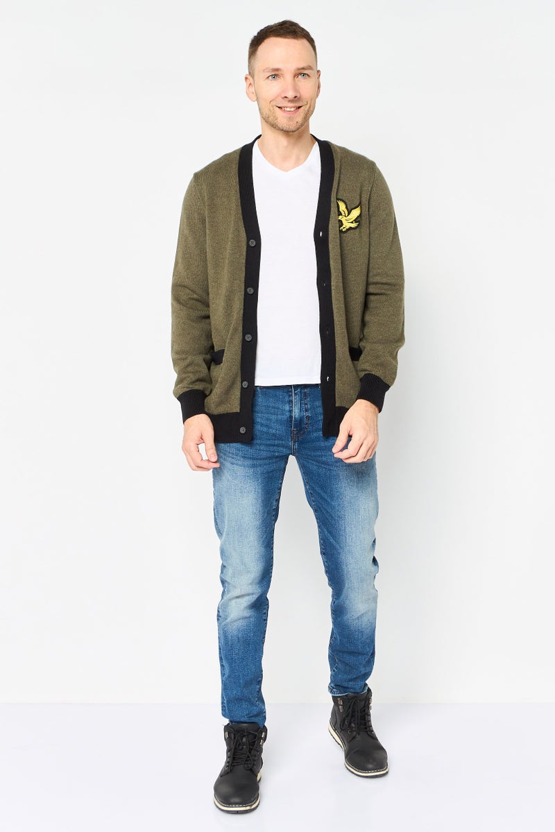 Lyle & Scott Men V Neck Embroidered Logo Cardigan, Olive - Image 3