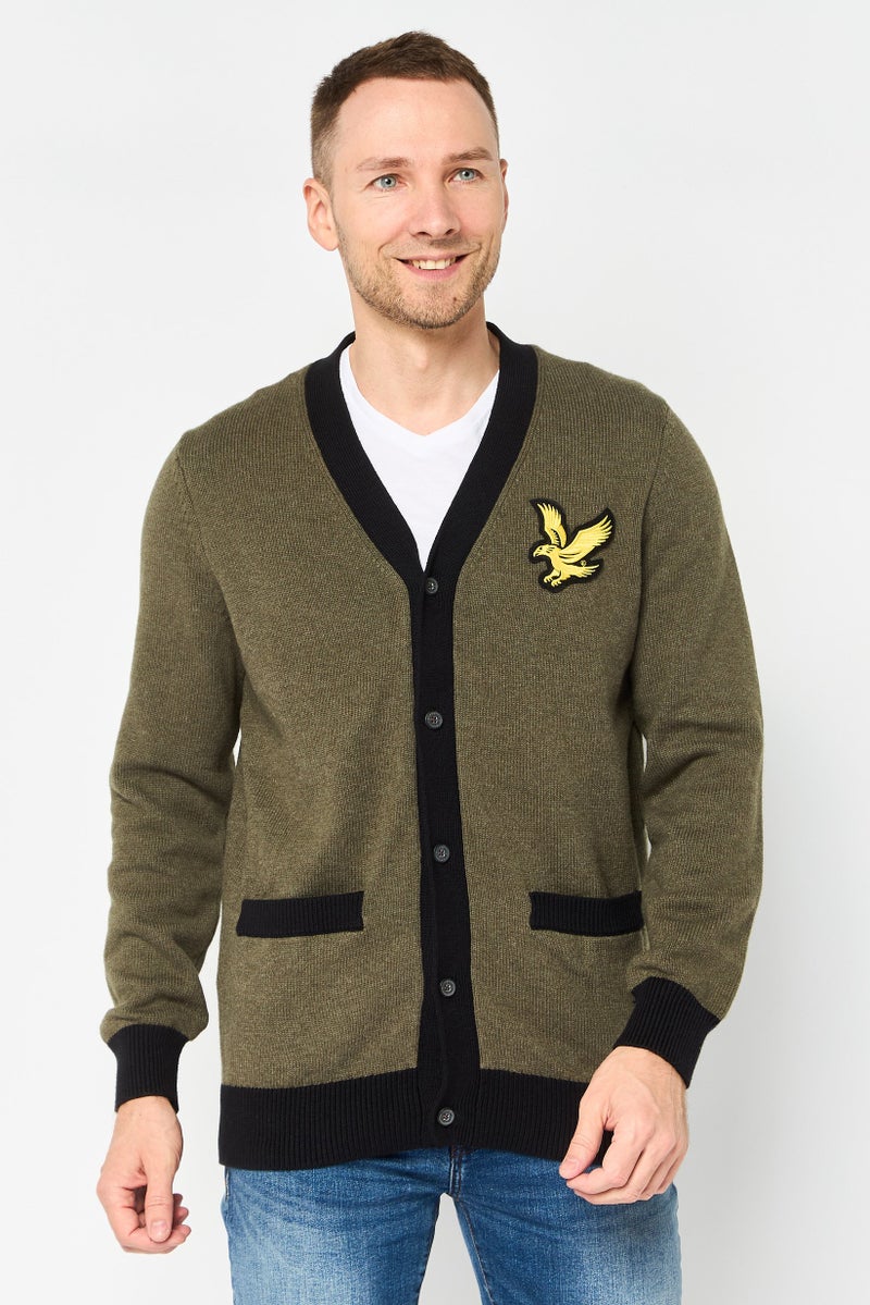 Lyle & Scott Men V Neck Embroidered Logo Cardigan, Olive - Image 1