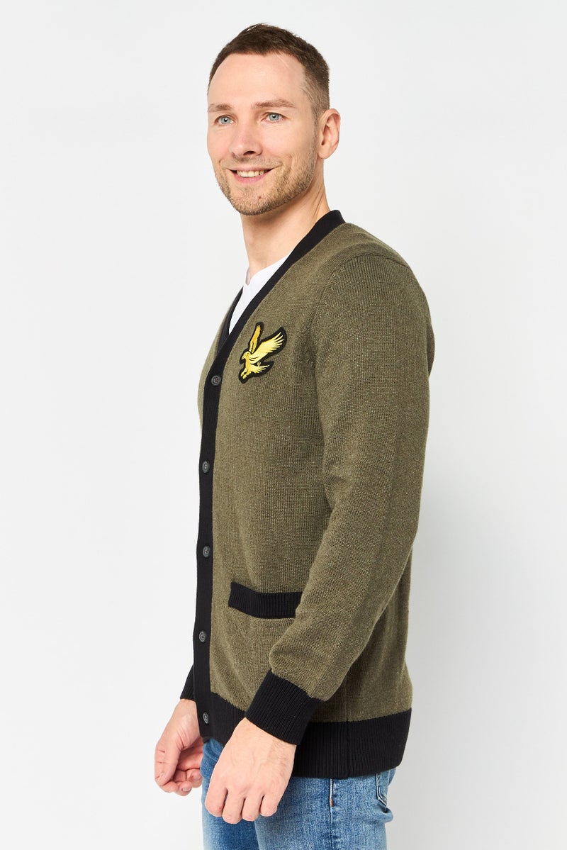 Lyle & Scott Men V Neck Embroidered Logo Cardigan, Olive - Image 4
