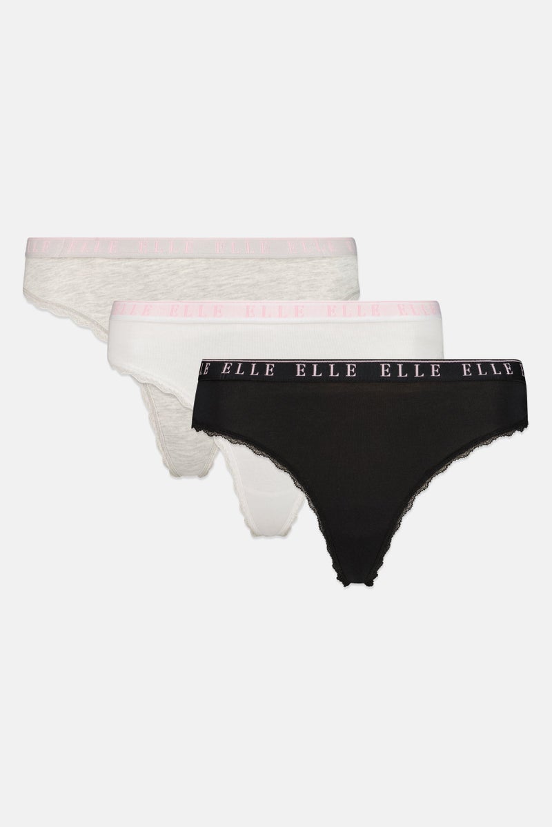 ELLE Women 3 Pack Brand Logo Super Soft Cotton With Lace Thong Panty, Multicolor - Image 2
