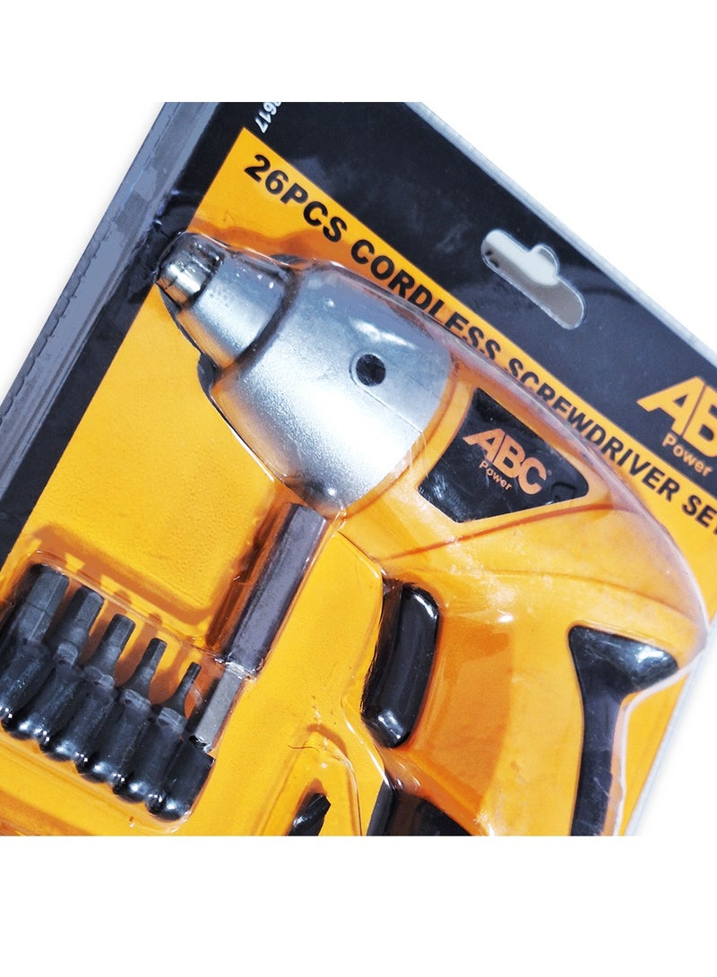 ABC Cordless screwdriver set 26PCS has a electric handy gun design 3.6V with large handles for easy grip and handling when installing or repairing furniture in the home, The machine uses sturdy metal seams made of stainless steel, ensuring durability - Image 2