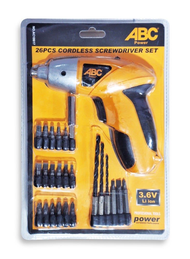 ABC Cordless screwdriver set 26PCS has a electric handy gun design 3.6V with large handles for easy grip and handling when installing or repairing furniture in the home, The machine uses sturdy metal seams made of stainless steel, ensuring durability - Image 1
