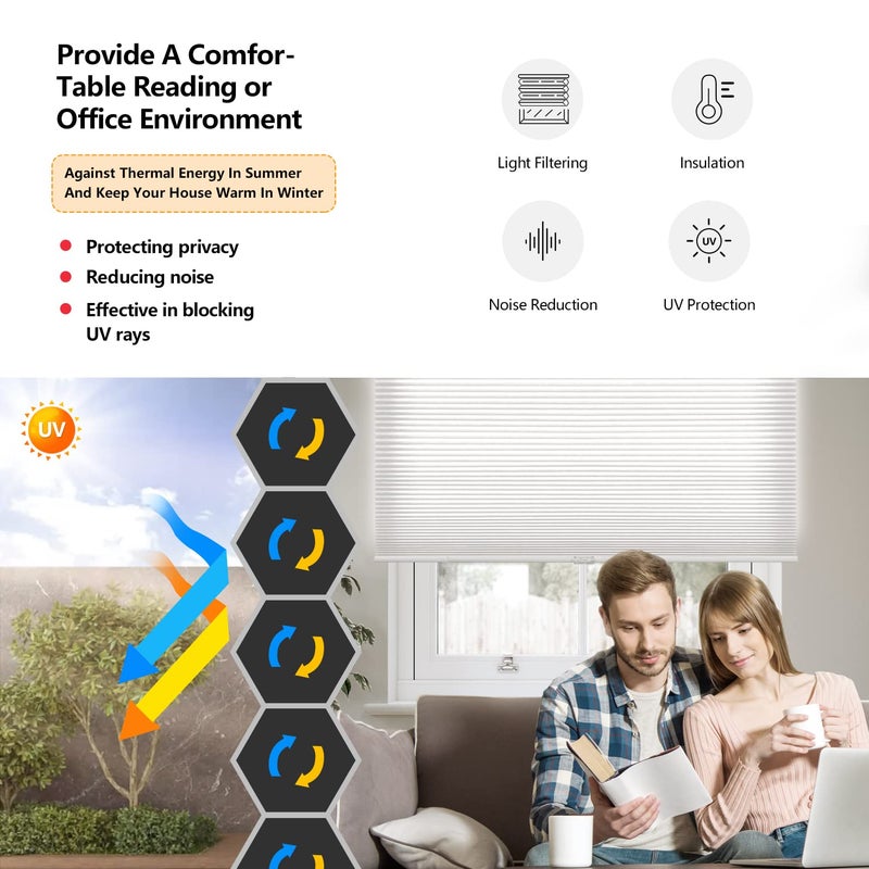 LazBlinds Cordless Cellular Shades, Light Filtering Honeycomb Shades for Home, Thermal Insulation Noise Reduction Blinds for Windows, 22'' W x 64'' H, White - Image 4