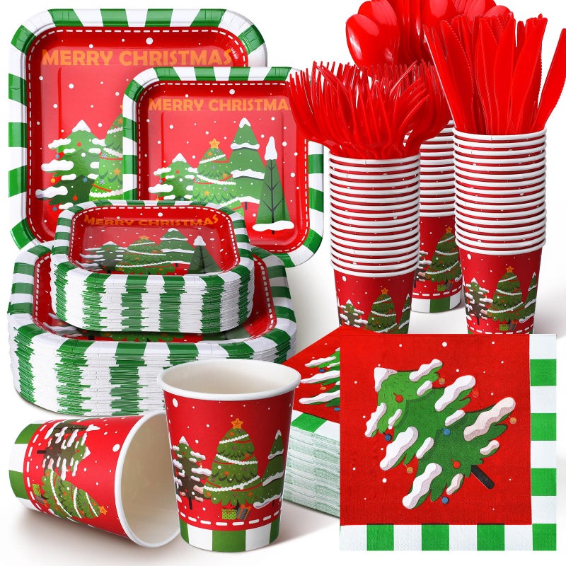 Suttmin 350 Pcs Paper Plates and Napkins Set Disposable Dinnerware Party Supplies Tableware Serve 50 Guest Cups Knife Forks Spoon(Red Merry Christmas) - Image 1