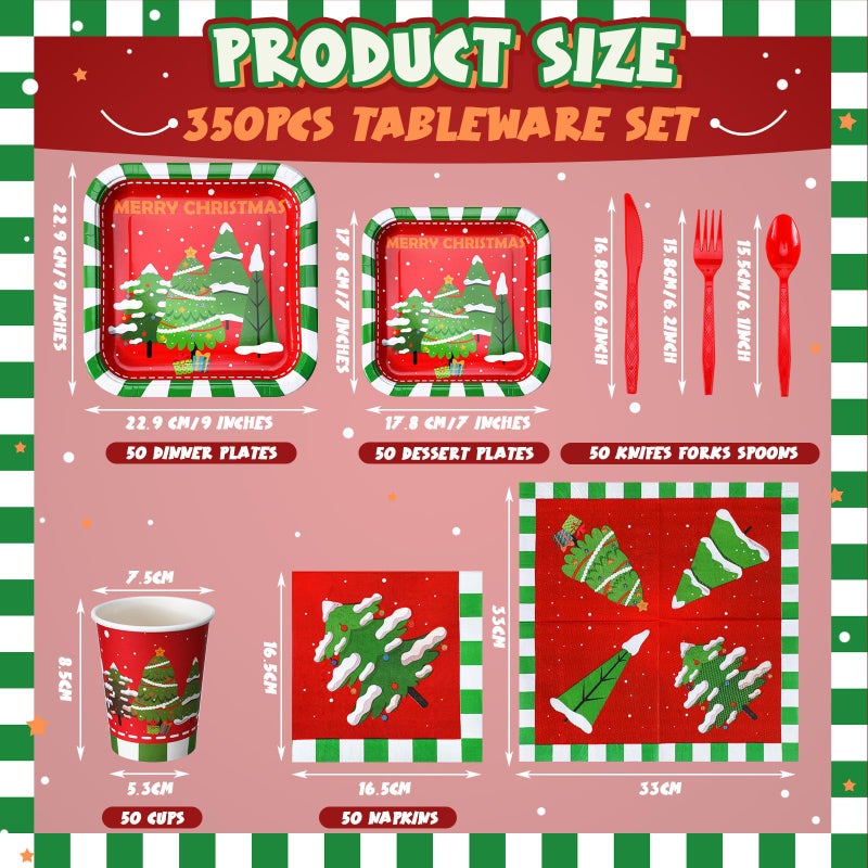 Suttmin 350 Pcs Paper Plates and Napkins Set Disposable Dinnerware Party Supplies Tableware Serve 50 Guest Cups Knife Forks Spoon(Red Merry Christmas) - Image 3