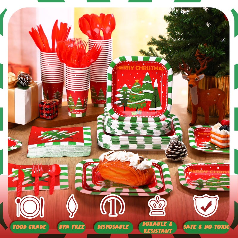 Suttmin 350 Pcs Paper Plates and Napkins Set Disposable Dinnerware Party Supplies Tableware Serve 50 Guest Cups Knife Forks Spoon(Red Merry Christmas) - Image 2