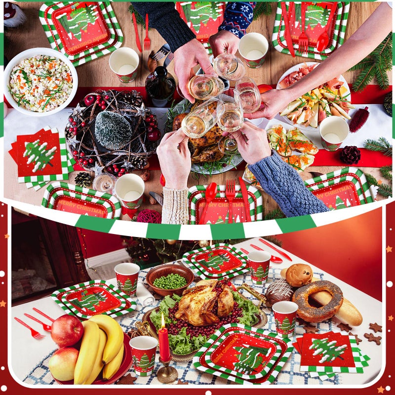 Suttmin 350 Pcs Paper Plates and Napkins Set Disposable Dinnerware Party Supplies Tableware Serve 50 Guest Cups Knife Forks Spoon(Red Merry Christmas) - Image 4