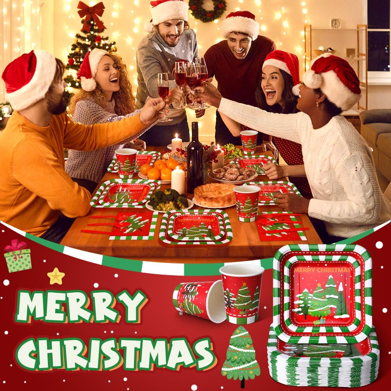 Suttmin 350 Pcs Paper Plates and Napkins Set Disposable Dinnerware Party Supplies Tableware Serve 50 Guest Cups Knife Forks Spoon(Red Merry Christmas) - Image 5