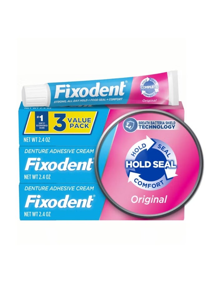 Fixodent كريم لاصق طقم الأسنان فيكسودنت كومبليت الأصلي، 2.4 أونصة (عبوة من 3)