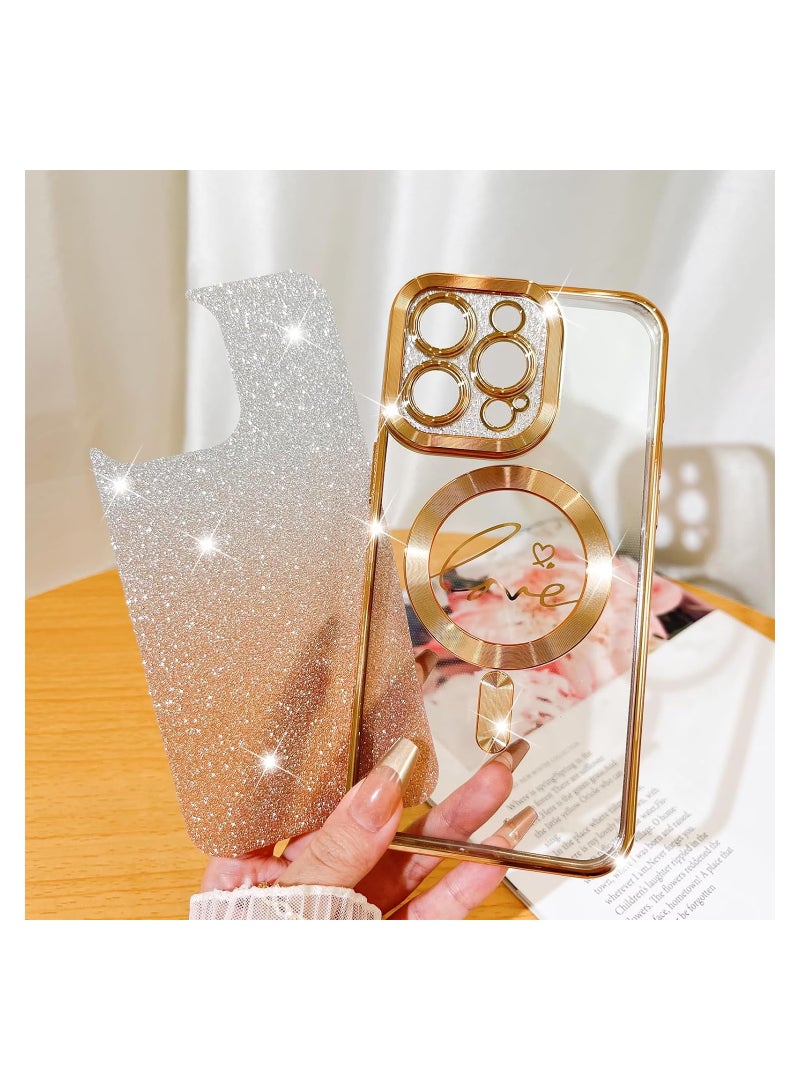 Designed for iPhone 12 Pro Max Case,Compatible with MagSafe Love Heart Plating Camera Protection Clear Phone Cover, Magnetic Glitter for Women Girls  6.7"-Gold - Image 3