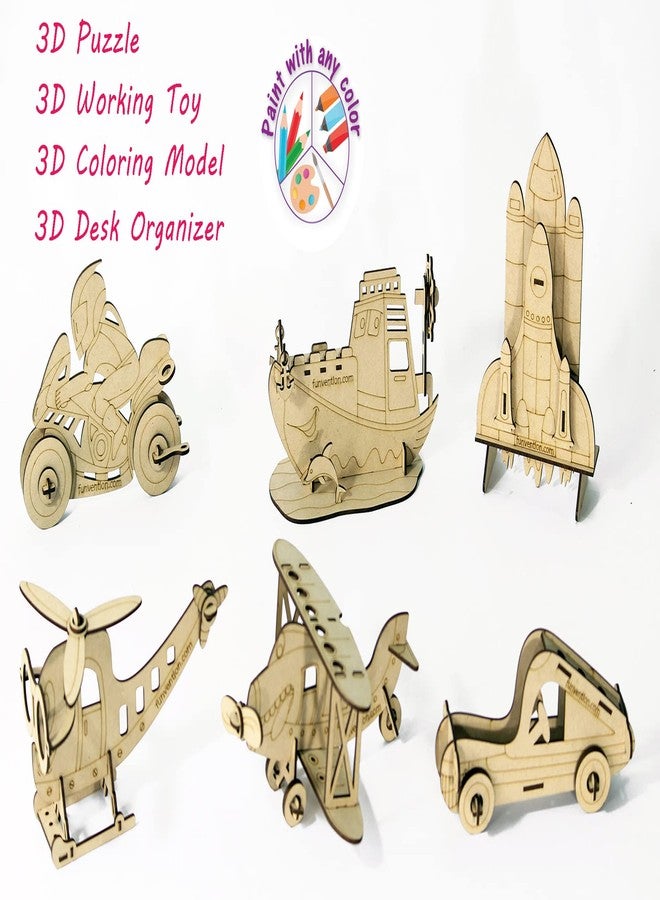 Funvention 3D Coloring Models Combo of 6 (Bi Plane,Ship,SpaceShuttle,Bike, Car & Helicoter) -DIY Desk Organizer Pen Stand -STEM Leanring 3D Puzzle Toy - Coloring Kit for Kids - Birthday Return Gifts - Image 4