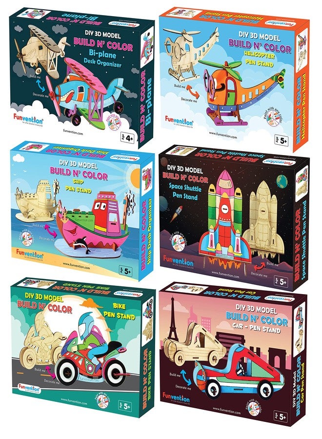 Funvention 3D Coloring Models Combo of 6 (Bi Plane,Ship,SpaceShuttle,Bike, Car & Helicoter) -DIY Desk Organizer Pen Stand -STEM Leanring 3D Puzzle Toy - Coloring Kit for Kids - Birthday Return Gifts - Image 1