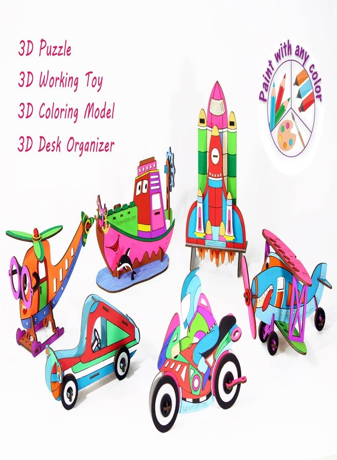 Funvention 3D Coloring Models Combo of 6 (Bi Plane,Ship,SpaceShuttle,Bike, Car & Helicoter) -DIY Desk Organizer Pen Stand -STEM Leanring 3D Puzzle Toy - Coloring Kit for Kids - Birthday Return Gifts - Image 2