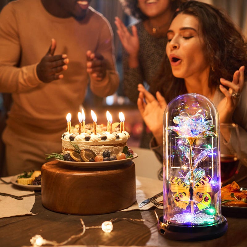 Pusuny Valentines Day Rose Gifts for Her Birthday Gift for Women, Rechargeable Galaxy Glass Rose in Glass Dome Colorful Crystal Flower Butterfly Valentine Gifts for Women Daughter Mom Wife Girlfriend - Image 5