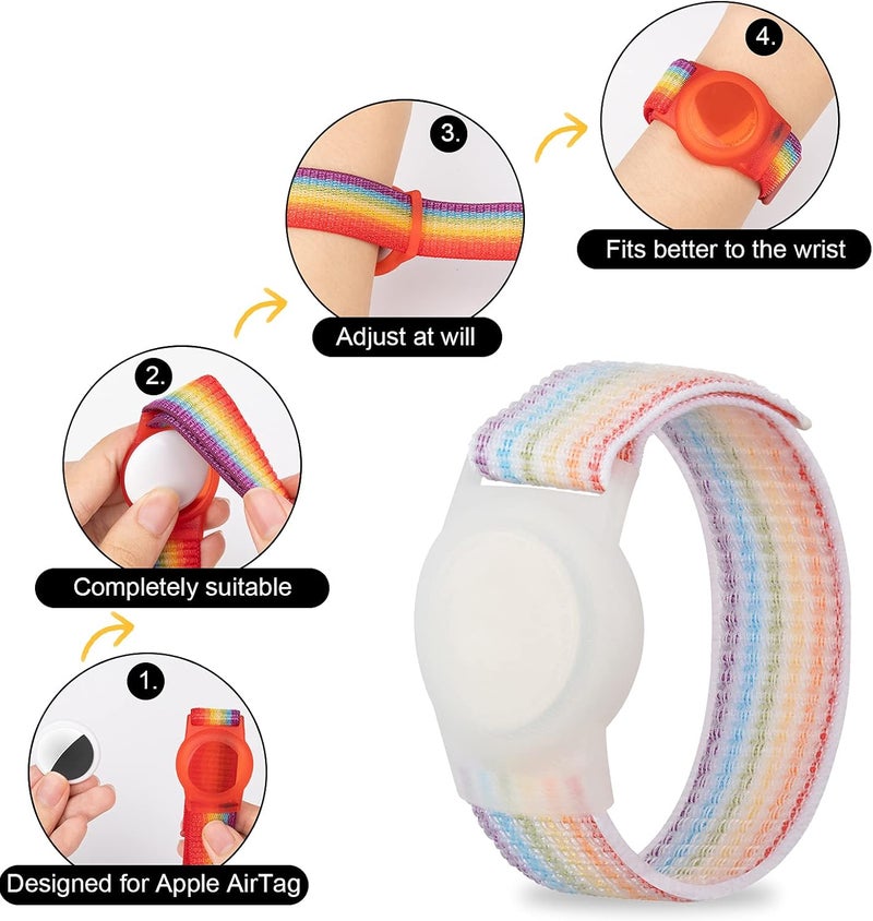 Yiurcy AirTag Bracelet for Kids, Apple Air Tag Protective Cover with Nylon Wristband, Anti Lost GPS Trackers Case Cover Elastic Watch Band for Toddlers Girls Boys Elders (Light Rainbow) - Image 3