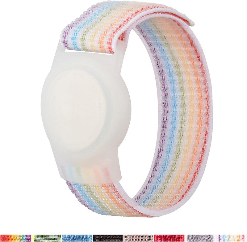 Yiurcy AirTag Bracelet for Kids, Apple Air Tag Protective Cover with Nylon Wristband, Anti Lost GPS Trackers Case Cover Elastic Watch Band for Toddlers Girls Boys Elders (Light Rainbow) - Image 1