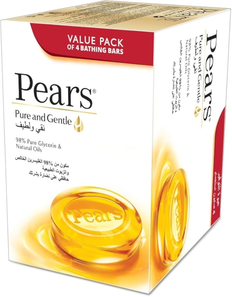 Pears Pure &amp; Gentle Bar Soap with 100% Natural Ingredients &amp; Glycerin for Soft &amp; Glowing Skin, Paraben-Free Moisturising Soap With Mild Fragrance, Dermatologically Tested &amp; Eco-Friendly (Pack of 4)