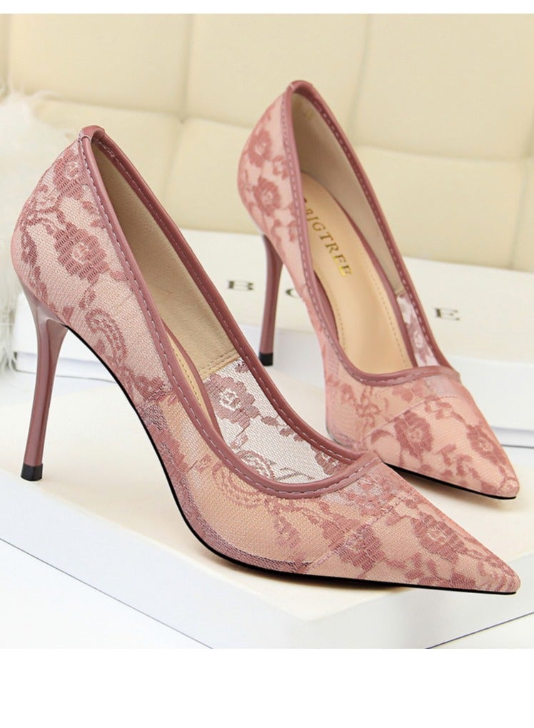 بيج تري Women's Elegant Lace Stiletto Pumps 9CM Elegant Gorgeous Closed Pointed Toe Slip On Solid High Heels Pinkish Purple - Image 2