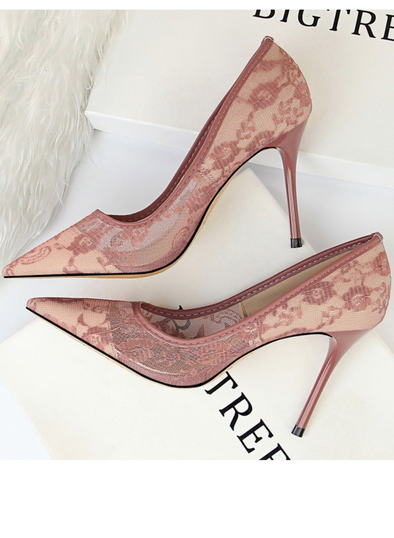 بيج تري Women's Elegant Lace Stiletto Pumps 9CM Elegant Gorgeous Closed Pointed Toe Slip On Solid High Heels Pinkish Purple - Image 3