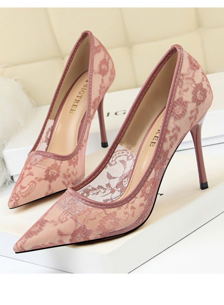 بيج تري Women's Elegant Lace Stiletto Pumps 9CM Elegant Gorgeous Closed Pointed Toe Slip On Solid High Heels Pinkish Purple - Image 1
