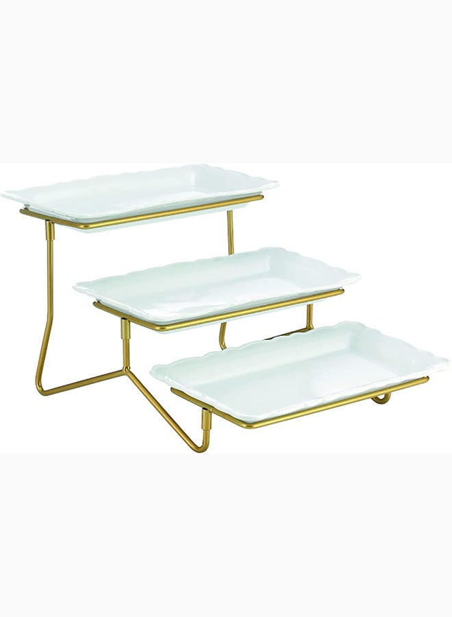 AKDC Bone China Shallow 10.5Inches 3 Tier Rectangle Plate With Gold Stand Tied Serving Tray Food Display Dessert Appetizer Set For Parties Gold White/Gold Dy1886-Ng - Image 3