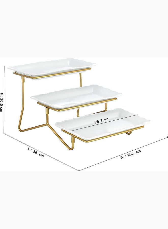 AKDC Bone China Shallow 10.5Inches 3 Tier Rectangle Plate With Gold Stand Tied Serving Tray Food Display Dessert Appetizer Set For Parties Gold White/Gold Dy1886-Ng - Image 2