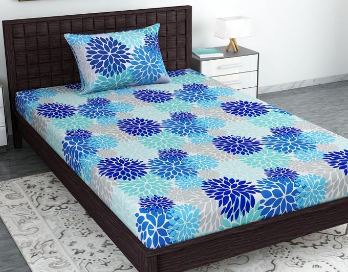 100 COTTON BEDSHEET SET FOR SINGLE BED 1 SINGLE COTTON BEDSHEET PILLOW COVER 144 TC BREATHABLE WRINKLEFREE AESTHETIC SINGLE BEDSHEET SET NAVY BLUE AND CYAN