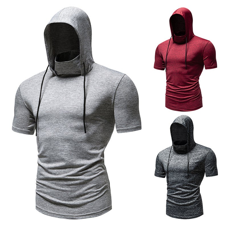 men''s new fitness running riding hooded short sleeve T-shirt 013P35 - Image 2